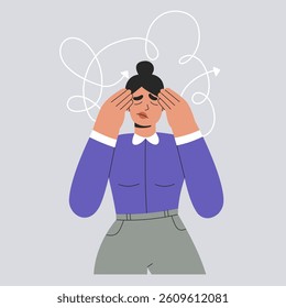 Sad woman feels frustration, confusion and anxiety. Female with mental disorder and ADHD problems holding her head with hands, fatigue, burnout feeling, overload in mind, vector isolated illustration