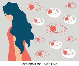 Sad woman feels stress and depression surrounded by big evil eyes watching her. Teenage girl suffers from verbal abuse and bullying. Concept of mental health illness, phobia, and fears. 