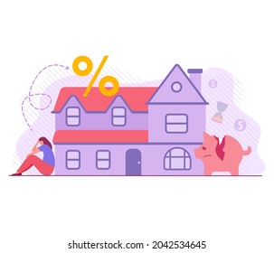 Sad woman financial plan and report mortgage.Piggy bank broken.Vector flat illustration.