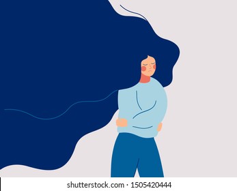 A sad woman with flowing hair runs away from the problems in her life. The depressed teenager withdrew into himself, hugging his elbows. Colorful vector illustration in flat cartoon style