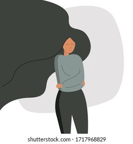 A sad woman with flowing hair runs away from the problems in her life. The depressed teenager withdrew into himself, hugging his elbows. Colorful vector illustration in flat cartoon style