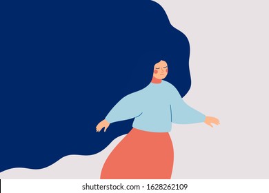 Sad Woman with flying hair escapes from something. Depressed girl runs away from the problems in her life. Colorful vector illustration in flat cartoon style