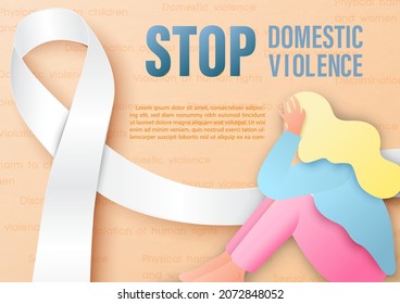 Sad woman with giant White ribbon, wording about International day for the elimination of Violence Against Women's campaign and example texts on violence wording pattern and light orange background. 