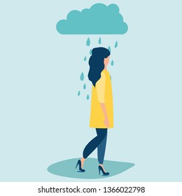 Sad woman or girl in bright yellow coat and fashion high heel shoes standing under the rain. Overcast weather. Vector illustration in a flat cartoon style.