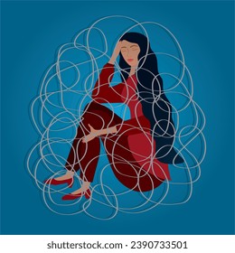 Sad woman, girl stucked in ball of lose ends. Square composition. Vector illustration.