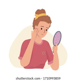 Sad woman girl teenager looking in the mirror and upset because of skin problems. Skincare and dermatology concept.  Acne, pimples, blackheads face mask, cream. Flat cartoon vector illustration