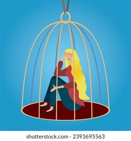 Sad woman, girl trapped in birdcage. Square composition.