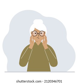 Sad woman with glasses. Vision problem concept. Vector flat illustration