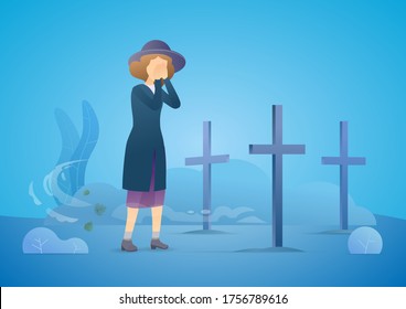 Sad woman grieving in a cemetery. Woman standing at the gravestone of her beloved husband or other close person. Rainy day. Family member death from the coronavirus. Vector flat illustration concept.