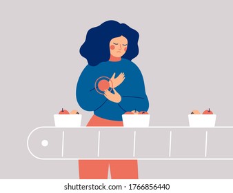 Sad woman has pain or discomfort in hand. Young female Packers suffered an injury to her wrist at work. Concept of health and safety of the automated workplace. Vector illustration