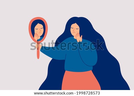Sad woman has skin problems and she touching pimples on her face with worried. Anxious girl looking at the mirror on the acne. Skincare concept. Vector illustration
