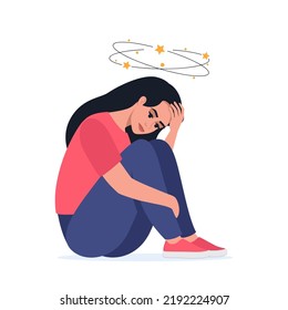 Sad woman having dizzy symptoms. Sick person sitting on ground with dizzy head, suffering from pain. Stress, dizziness, accident, health problems. Vector illustration