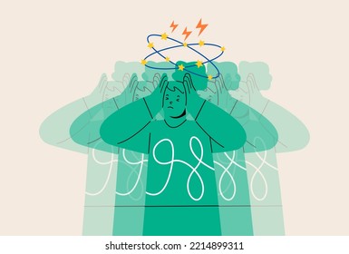 Sad woman having dizzy symptoms.  Dizziness concept. Colorful vector illustration
