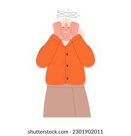 Sad woman having dizzy symptoms. Dizziness concept. Flat vector illustration isolated on white background
