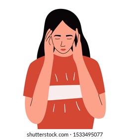 Sad woman having headache or dizziness. Sick girl touching her head. Girl suffering from fever or influenza.Symptom of common cold, infectious disease. Flat cartoon vector illustration