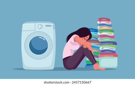 
Sad Woman Having a Pile of Laundry to Wash Vector Cartoon illustration. Unhappy housewife feeling tired and exhausted at home
