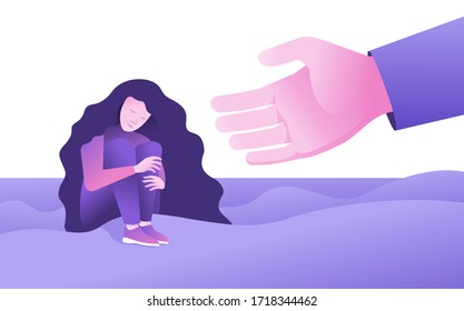 Sad woman and helping hand - psychological support with struggle against depression or loneliness - isolated vector illustration