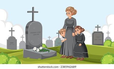 Sad woman and her daughters visit graveyard in historical clothing