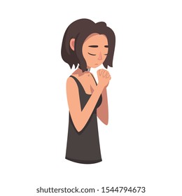 Sad Woman with Her Hands Clasped in Prayer, Female Character Facial Emotions Vector Illustration
