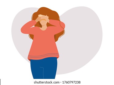 Sad woman with her hands over her eyes, vector illustration against a heart background