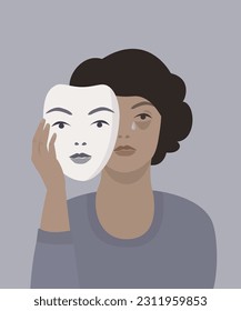 Sad woman hiding behind a mask. Concept of masking in psychology. 