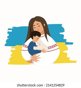 Sad woman holding a baby and a cat in her arms, vector illustration. Mom and baby with pet.