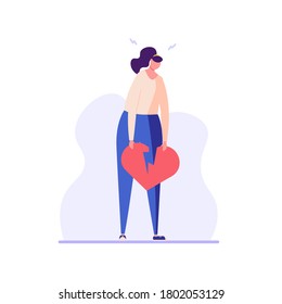 Sad woman holding broken heart. Concept of divorce, family crisis and conflict, tired girl. Flat vector illustration in flat design for web banner