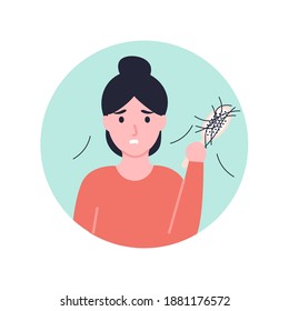 Sad woman holding comb looking at hair loss. Flat vector cartoon illustration.