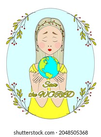 Sad woman holding earth ball. Earth in hands. Save the world. Ecology poster. Cataclisms. Vector illustration.
