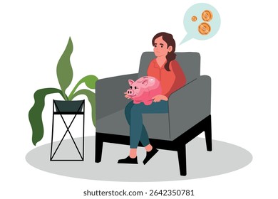 sad woman holding empty piggy bank, financial crisis. vector illustration.