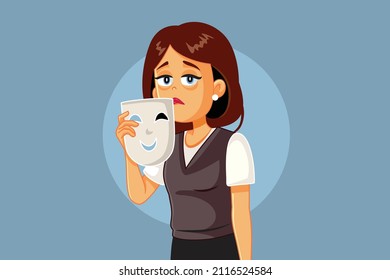 
Sad Woman Holding a Happy Mask on for Society Vector Cartoon. Girl pretending to be smiling hiding negativity and depression
