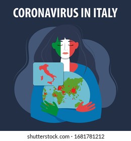 Sad woman holding in her hands planet with Italy map, infected with coronavirus. Covid-19 concept with people. Vector illustration in flat style