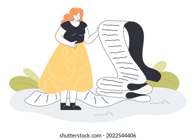 Sad Woman Holding Long Checklist Or Shopping Bill. Person With Big Paper Scroll, Work Document, Law Suit Or Report Flat Vector Illustration. Time Management, Payment Concept For Banner, Website Design