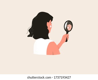 Sad Woman holding a mirror. Back view. Sadness and depression. Vector