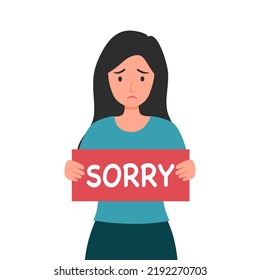 Sad Woman Holding A Sign With Word Sorry In Flat Design On White Background.