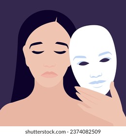 Sad woman holding smiling mask. Female portrait. Mental health concept. Bipolar disorder problem. Stress and hiding emotions troubles. Vector illustration.