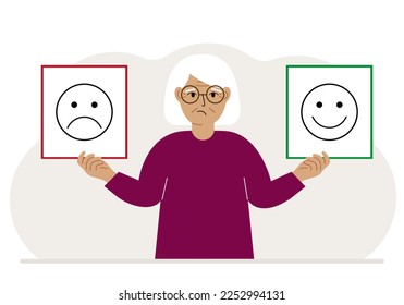 Sad woman holds a card with a sad emoji in one hand and a smiling emoji in the other hand. The concept of emotions, masks or psychological help. Vector flat illustration