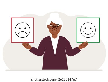 Sad woman holds a card with a sad emoji in one hand and a smiling emoji in the other hand. The concept of emotions, masks or psychological help. Vector flat illustration