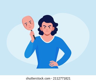 Sad woman holds face mask with happy mood. Person hiding true emotions, psychological problems. Fake feelings, mental disorder changing personality. Manic depression, bipolar illness. Vector design