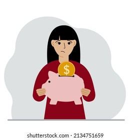 Sad woman holds a piggy bank, a coin falls into the piggy bank. The concept of saving finance, savings, investing finances. Vector flat illustration