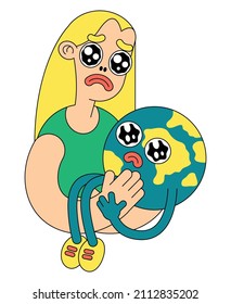 A sad woman holds an unhappy planet in her hands. The Earth is upset, and we are with it. Isolated image in cartoon style. Vector illustration.