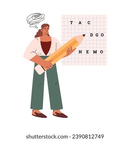 Sad woman with huge pencil and paper sheet having learning difficulties flat style, vector illustration isolated on white background. Decorative design element, confused thoughts