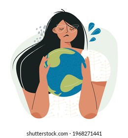 Sad woman hugging earth planet globe Ecology eco problem concept. Earth Environment Day, mother nature. Environmental problems and protection. Metaphor social poster or card of saving the planet