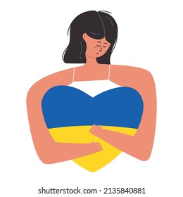 Sad woman hugging Ukrainian flag in shape of heart, flat vector illustration isolated on white background. Female character praying for peace during war time. Support and hope for Ukraine.