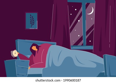 Sad woman with insomnia awake at night. Sleepless female person lying in bed and checking clock flat vector illustration. Insomnia, sleep disorder concept for banner, website design or landing page