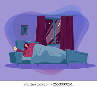 Mujer triste con insomnio despierta por la noche. Persona femenina insomne acostada en la cama y revisando la Ilustración vectorial plana del reloj. Insomnio, concepto de trastorno del sueño para el Anuncio, diseño de Sitio web o landing page