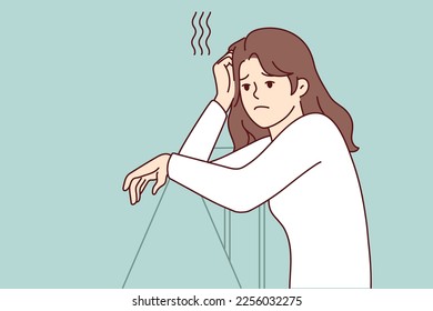 Sad woman leans on railing and looks into distance thinking about problems in personal life. Lonely unhappy girl stands resting head on hand after quarrel with boyfriend. Flat vector image