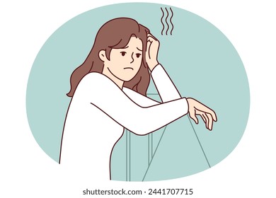 Sad woman leans on railing and looks into distance thinking about problems in personal life. Lonely unhappy girl stands resting head on hand after quarrel with boyfriend. Flat vector image