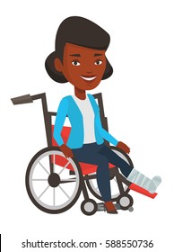 Sad woman with leg in plaster. Injured upset woman sitting in wheelchair with broken leg. Woman with fractured leg suffering from pain. Vector flat design illustration isolated on white background.