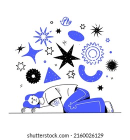A sad woman lies under a lot of problems. The concept of burnout from disturbing news and terrible accidents. Grainy outline illustration.